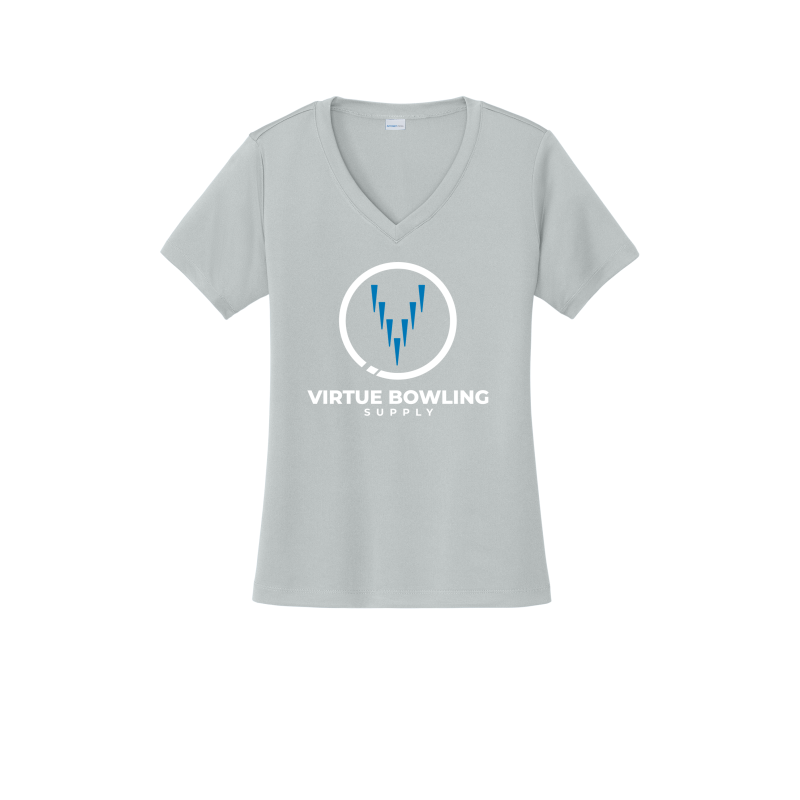 Ladies V Neck - Large Logo - Silver/Blue