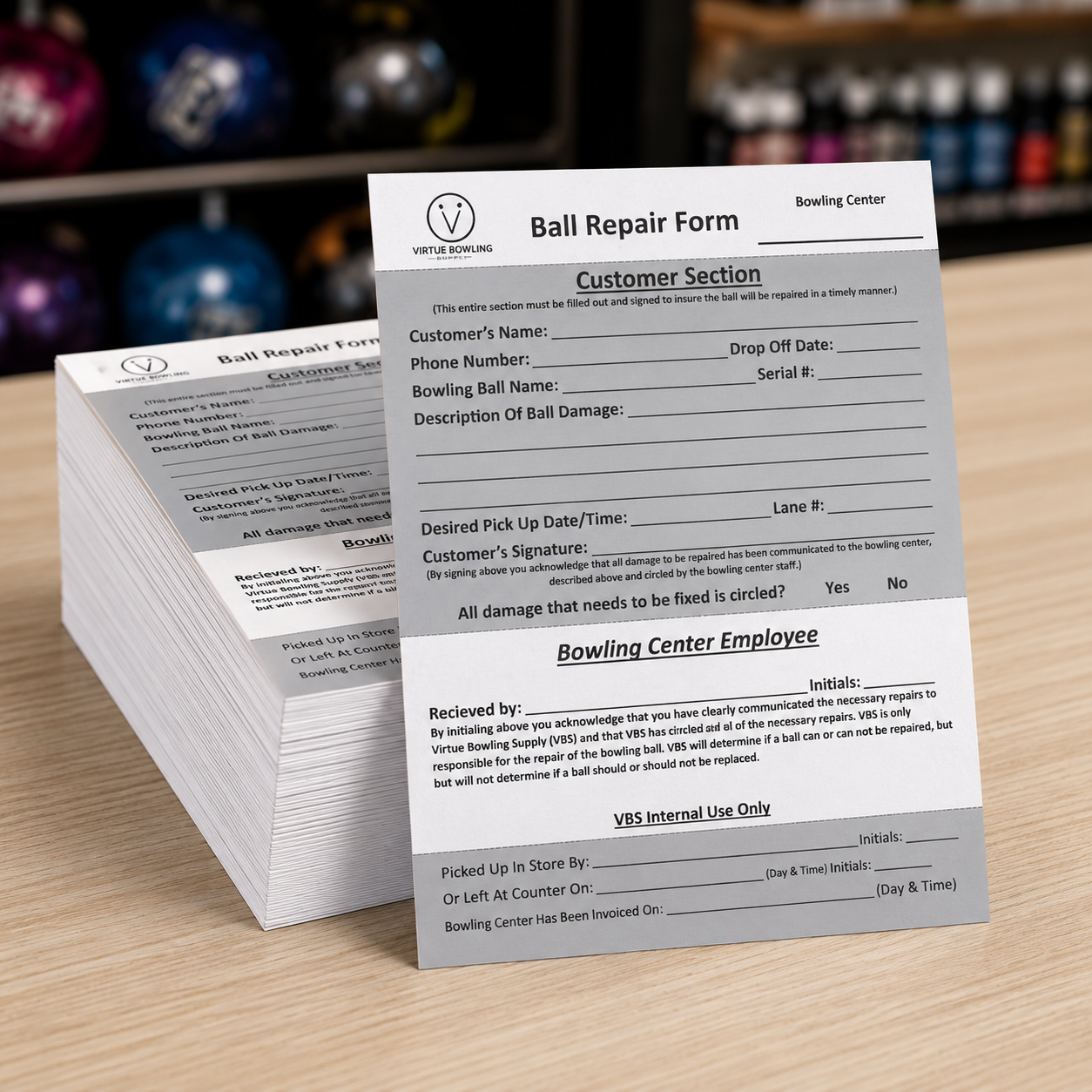 Virtue Bowling Supply 3-part carbon copy Ball Repair Form