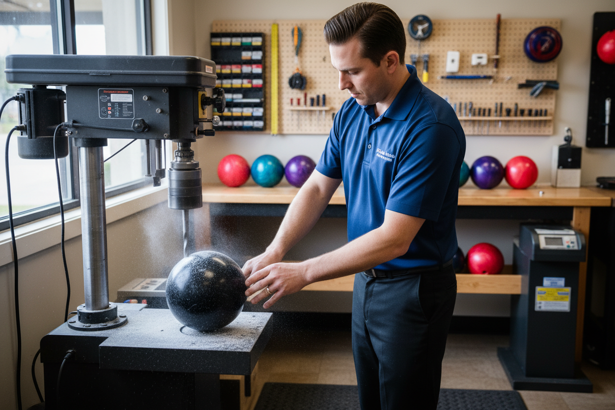 Can we change the outfit to more of a polo or professional golf look. No protective eye wear. No reason to show many other drill presses. Just a smaller work shop like area with benches and bowling balls on the tables. 